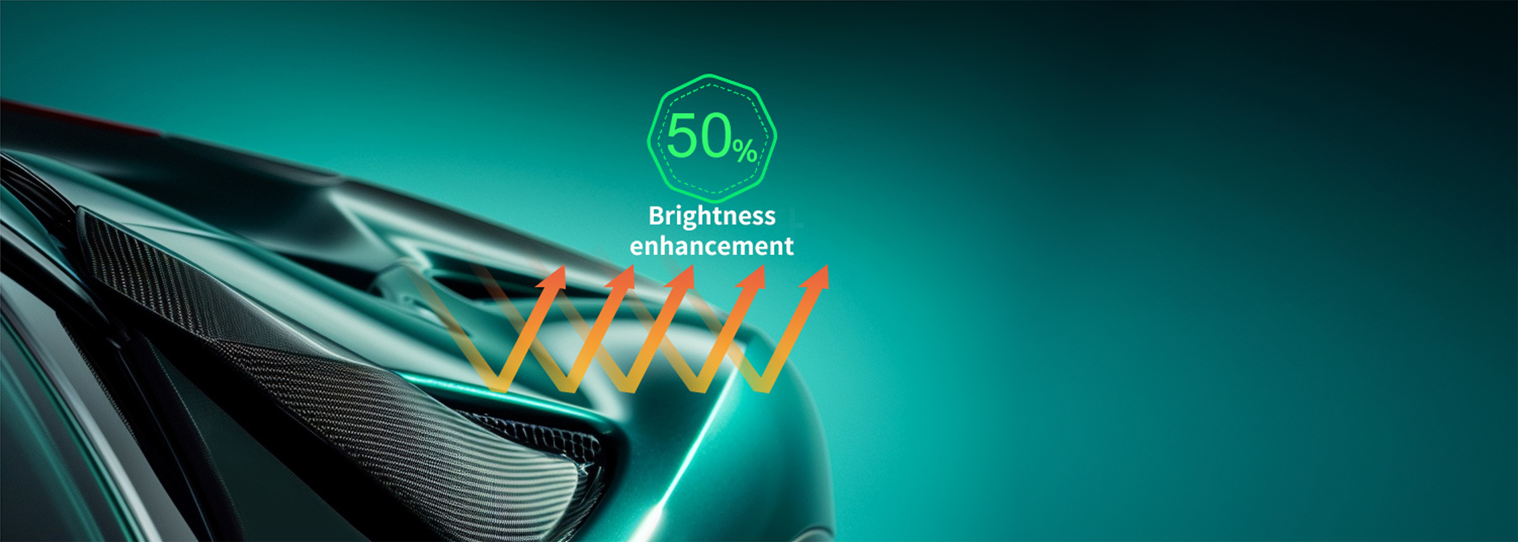 Partial view of a car illustrating hydrophobic and oleophobic lotus effect with self-healing and brightness enhancement.