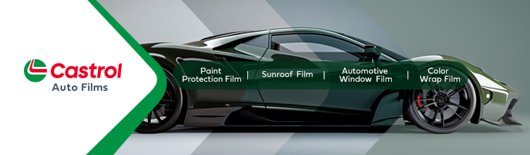 Castrol automotive film products, including Paint Protection Film, Sunroof Film, Automotive Window Film, and Color Wrap Film, showcasing the brand's expansion from motor oils to car protection films.