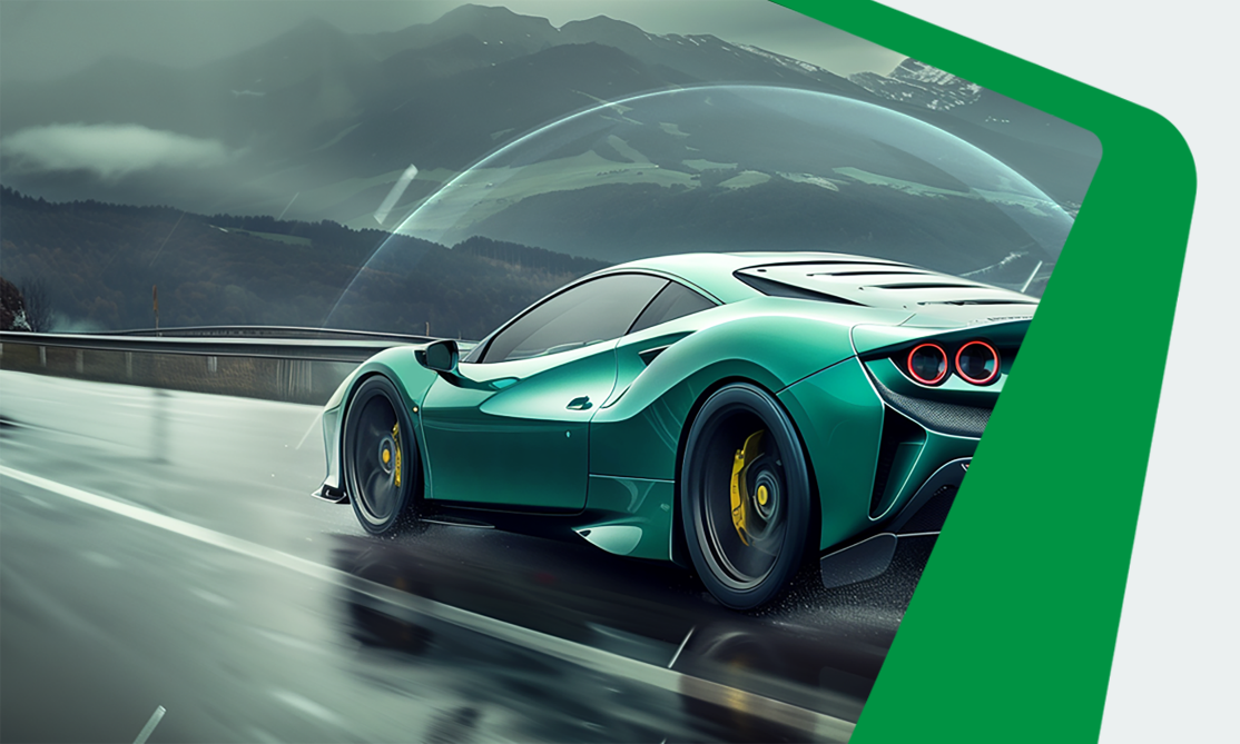 Green sports car driving on a road protected by a transparent spherical shield, illustrating Castrol's automotive film installation services with emphasis on professional training and quality assurance.